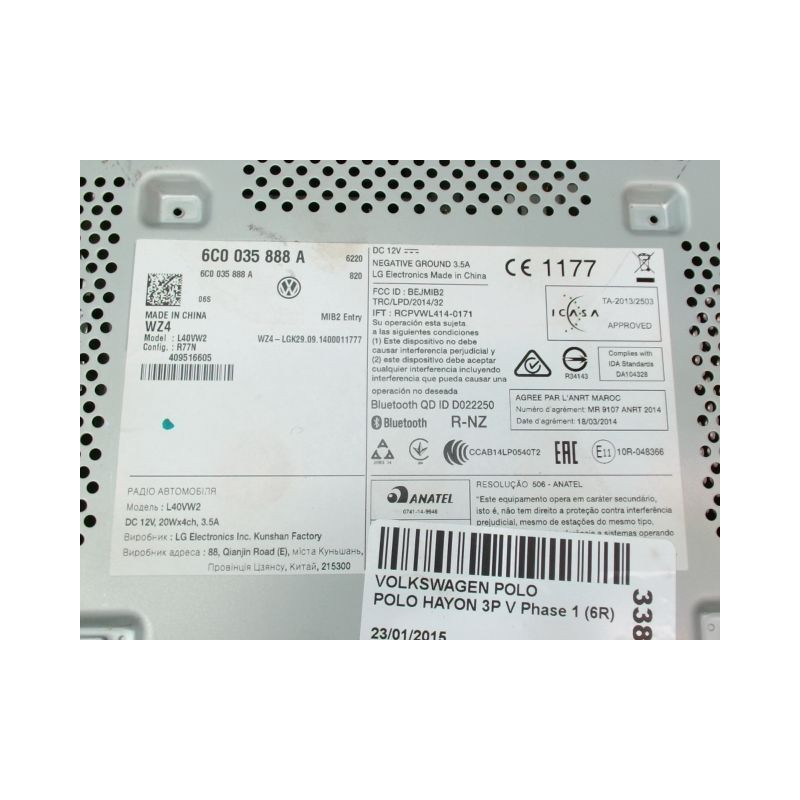 AUTORADIO VOLKSWAGEN POLO V Phase 1 (6R) 2009-2014